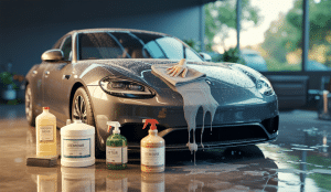 Gros plan sur une carrosserie automobile noire avec des fientes d'oiseaux fraîchement ramollies, un chiffon microfibre doux appliqué délicatement, et en arrière-plan des flacons de produits de nettoyage spécifiques et naturels comme le bicarbonate de soude et le vinaigre blanc, le tout dans un garage lumineux avec un éclairage naturel doux mettant en valeur la brillance de la peinture sans rayures ni dégâts.