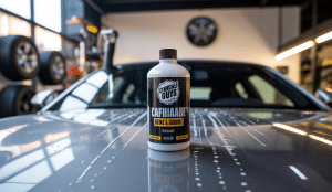 Bouteille de cire liquide de carnauba Chemical Guys Activate Shine & Seal en usage professionnel sur carrosserie automobile brillante sous éclairage naturel