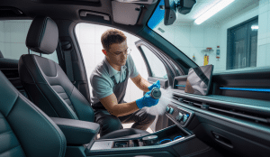 Formation professionnelle en detailing automobile avec protocoles d'hygiène renforcés post-COVID, montrant un expert nettoyant l'habitacle d'une voiture avec des équipements de désinfection avancés en environnement moderne