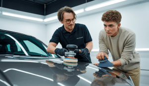 Un formateur en esthétique automobile montre à un apprenant comment utiliser du matériel professionnel pour polir la carrosserie d'une voiture dans un atelier moderne et lumineux.