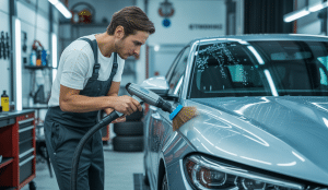 Apprenant en formation de préparateur esthétique automobile utilisant une machine de nettoyage cryogénique écologique sur un véhicule dans un atelier moderne équipé d’outils haut de gamme