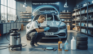 Illustration d'un expert en detailing automobile en action, entouré d'outils professionnels, avec un véhicule haut de gamme en arrière-plan, mettant en valeur les compétences techniques et les parcours de formation FD Formation Detailing.