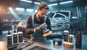 Professionnel du detailing automobile travaillant avec précision sur la carrosserie d'un véhicule luxe, utilisant des équipements de polissage et de protection céramique dans un atelier moderne et organisé