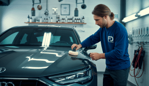 Vue panoramique illustrant les métiers du detailing automobile avec des outils spécialisés, un technicien en formation appliquant un traitement de surface sur une voiture moderne, et un atelier professionnel bien organisé.