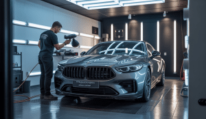 Véhicule en cours de detailing avec mise en évidence du polissage, rénovation carrosserie, traitement intérieur, pose de film PPF et covering cuir, dans un atelier professionnel moderne